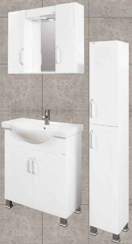 Мебел Кери 75 см. бял PVC шкаф с мивка и огледален шкаф с LED | KERANOVA онлайн магазин за бани