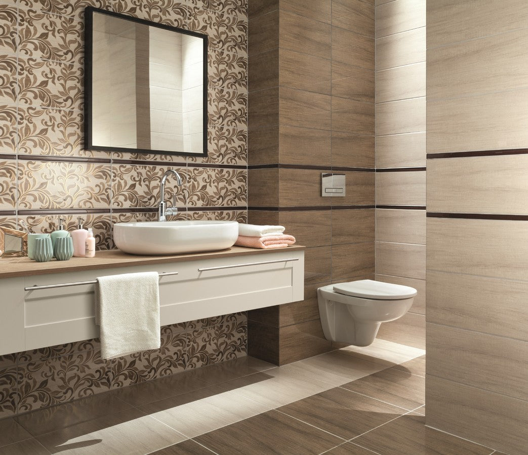 Баня Kervara 22.3x44.8 - Ceramika Arte: елегантен баня дизайн с флорални декоративни плочки и дървесен ефект за облицовка