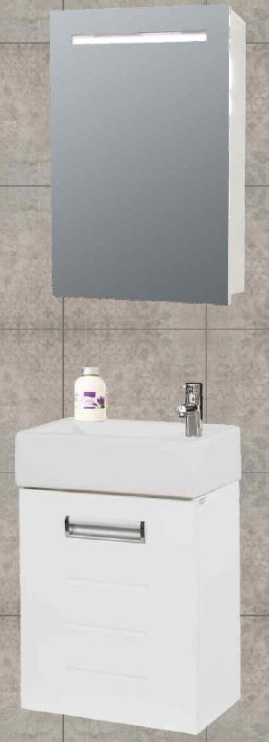 Мебел Кико 40х23 см. бял PVC шкаф за баня с порцеланова мивка и плавно затваряне, онлайн магазин KERANOVA