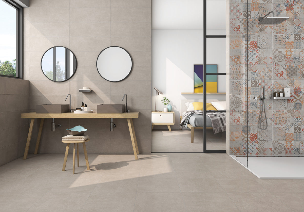 Баня Kimm 25x70 - Prissmacer: съвременна баня с големи плочки и декоративна душ кабина от KERANOVA