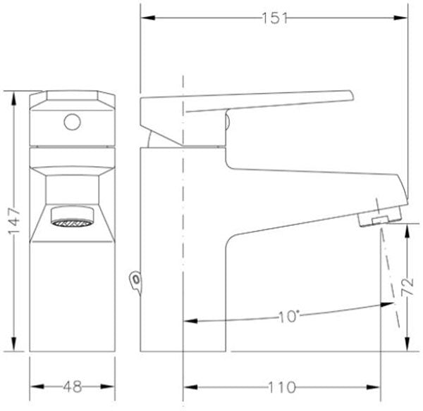 Смесител за мивка Klip стоящ, технически чертеж с размери 147x151x110 мм за онлайн магазин KERANOVA