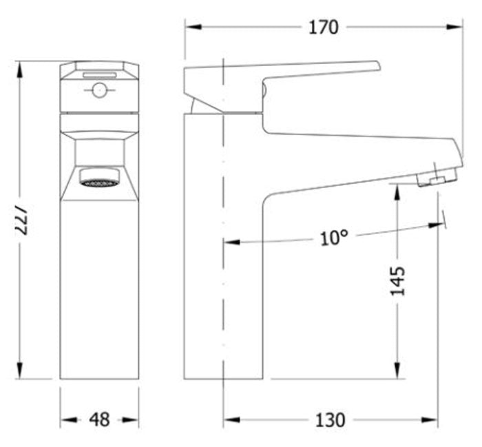 Смесител за мивка Klip издължен - стоящ и удължен дизайн, технически чертеж с размери 170x177x48 мм за онлайн магазин KERANOVA