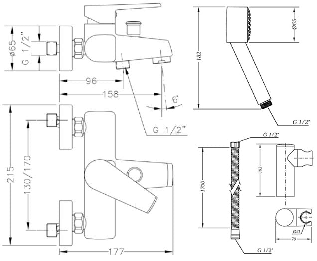 Смесител за вана/душ Klip стенен с чучур, душ слушалка и шлаух – технически чертежи, онлайн магазин за обзавеждане за бани KERANOVA