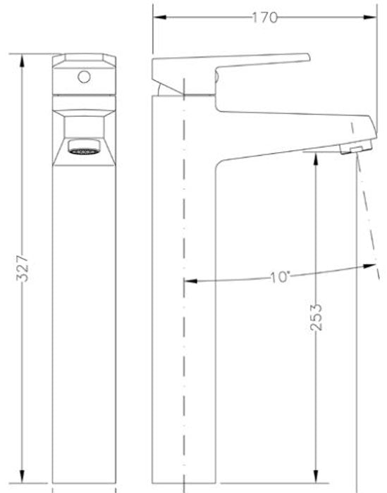 Смесител за купа Klip висок стоящ от Испания, технически чертеж с размери за онлайн магазин KERANOVA