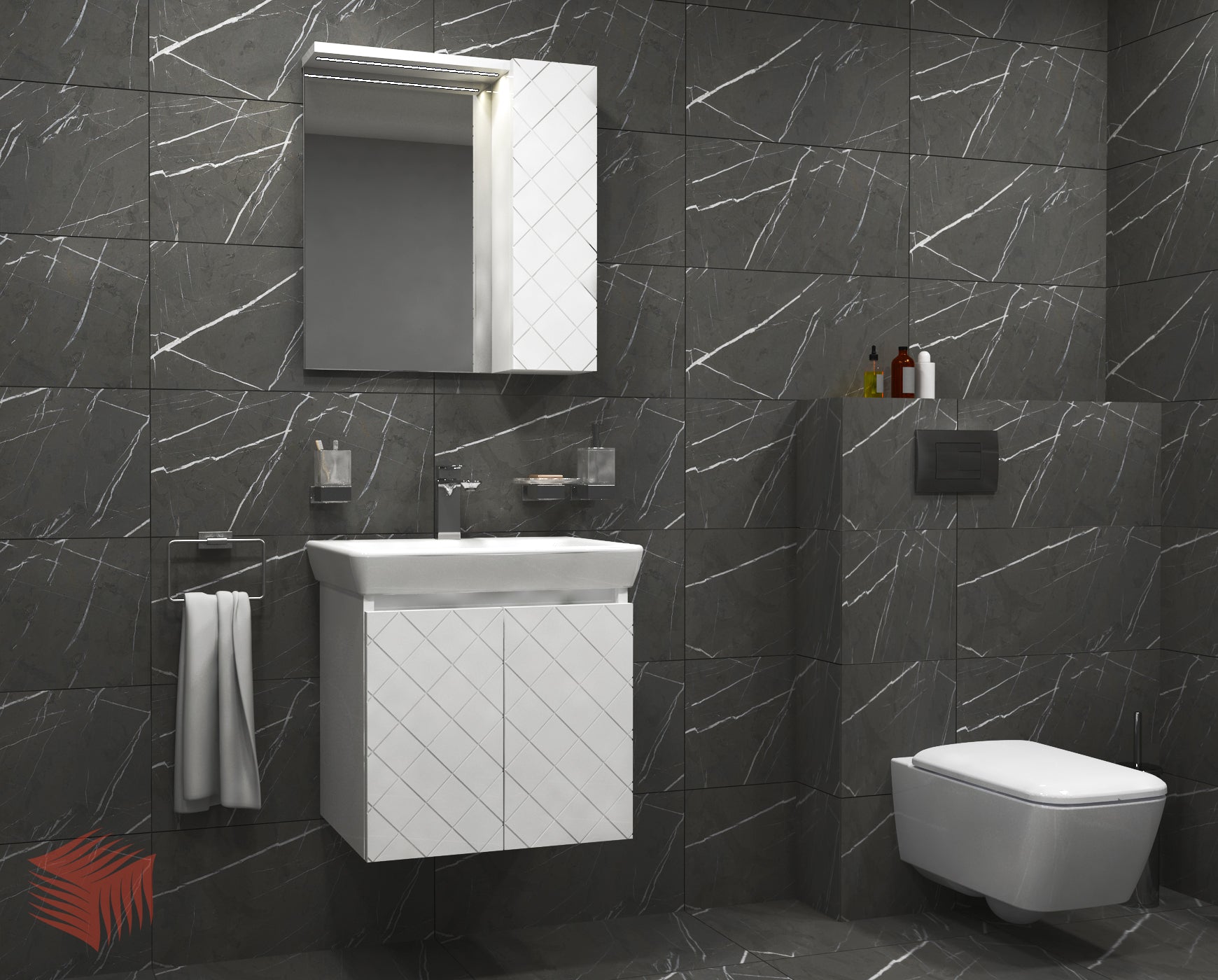 Мебел Криси 60 см. бял PVC комплект за баня със шкаф и огледало с LED, окачен долен шкаф и порцеланова мивка - KERANOVA