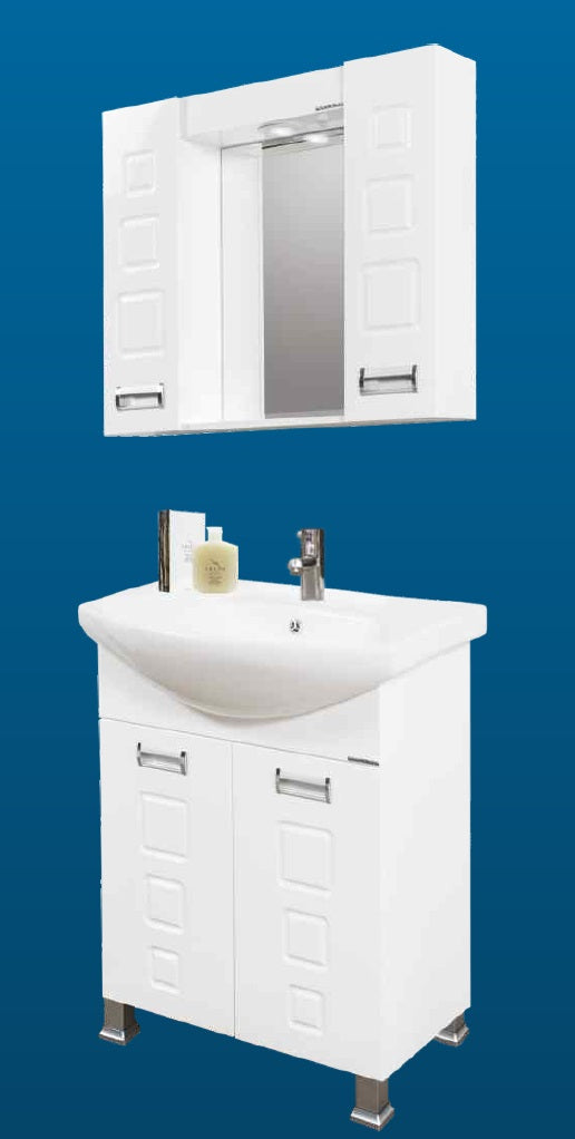 Комплект Laguna 65 см. бяла водоустойчива PVC мебел за баня с шкаф и огледало, LED осветление, плавно затваряне, KERANOVA