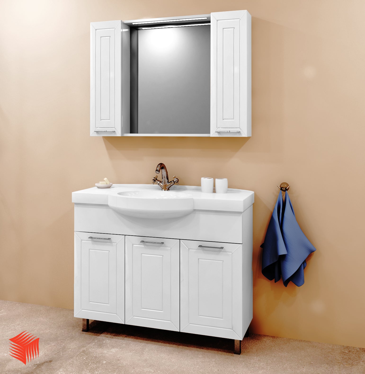 Мебел МДФ Лати 100 см. бял гланц комплект баня MDF 16мм огледален шкаф с LED и долен шкаф с порцеланова мивка - KERANOVA онлайн магазин