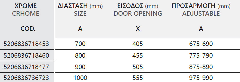 Lea 100 Cromo - 70x70 таблица с размери, вход и регулируемост за душ кабини; смесители, мивки за баня, подови сифони, мебели за баня
