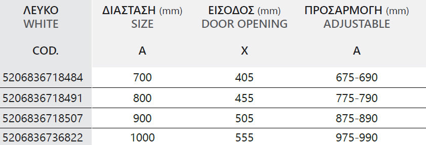 Lea 100 Bianco - 70x70 таблица размер вход и регулиране на душ кабини; мивки за баня, подови сифони, смесители, мебели за баня