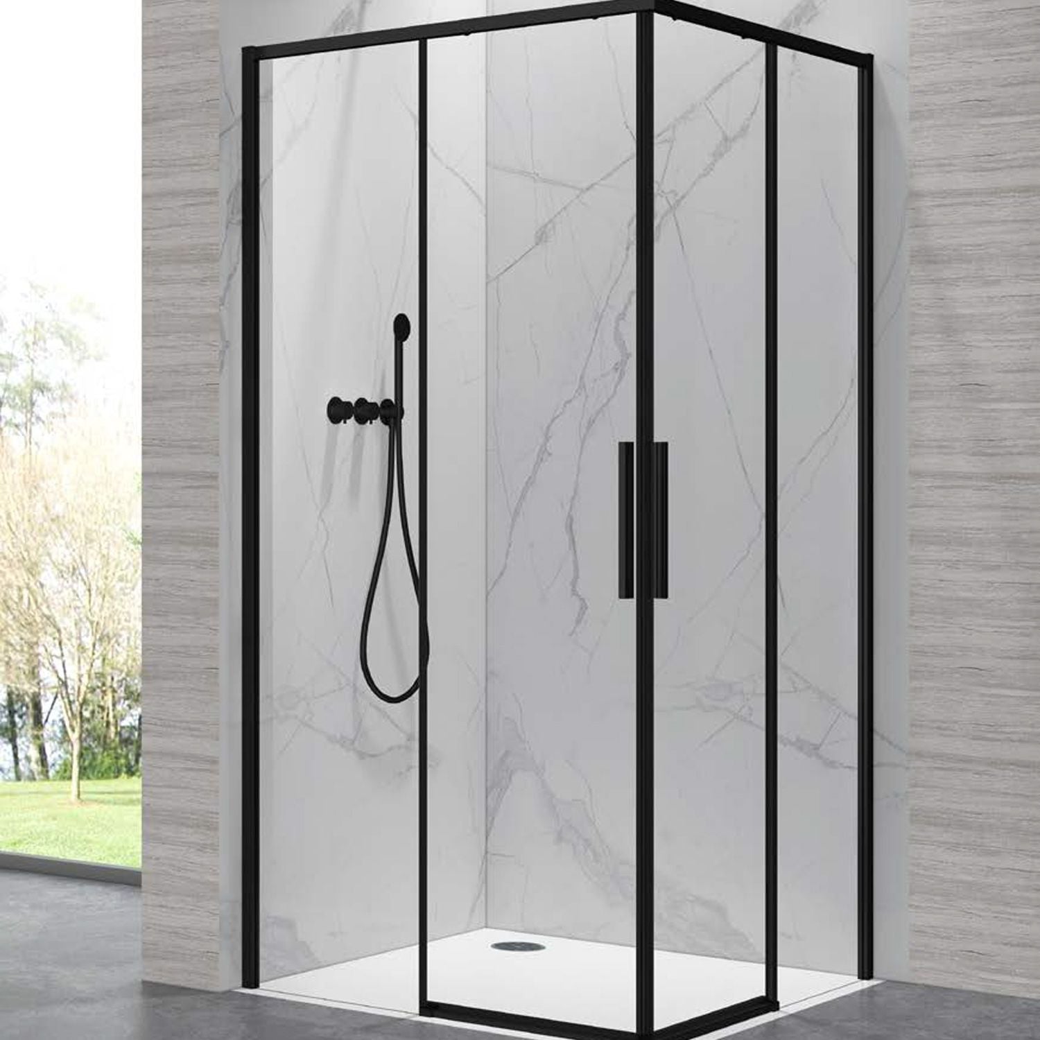 Lea 100 Nero - 70x70 черен профил квадратна душ кабина, 6 мм закалено стъкло, черен мат профил и плъзгащи врати