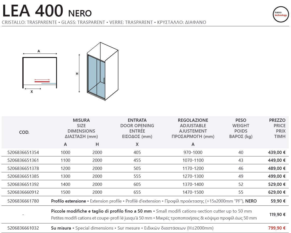 Lea 400 Nero - 107-110 см. луксозен стъклен параван за баня с черен мат профил, 6 мм закалено стъкло, антикалк покритие, вход 45,5 см