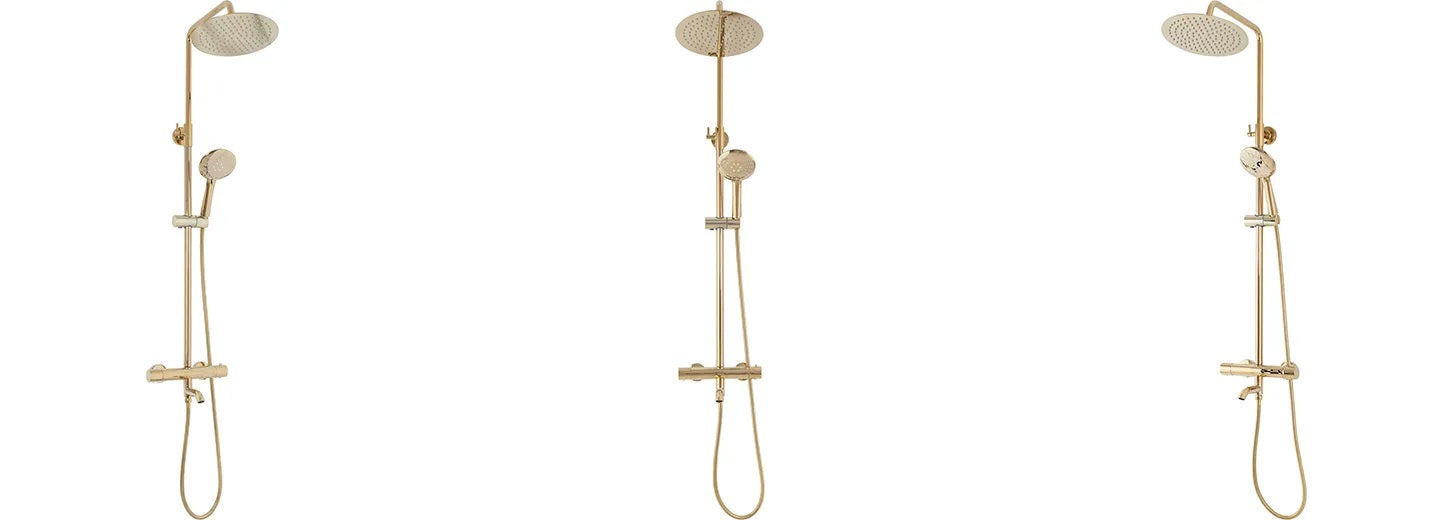 Комплект Lungo Gold златна душ система с ултратънка душ пита и смесител – онлайн магазин за обзавеждане за бани KERANOVA