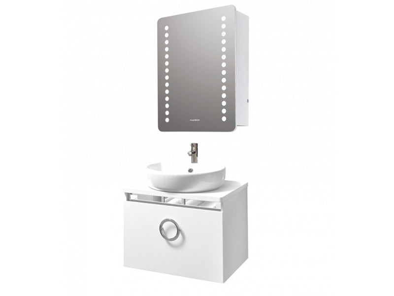 Мебел Лайт 55 см. бял PVC шкаф за баня с порцеланова мивка и огледален шкаф с LED осветление - онлайн магазин KERANOVA