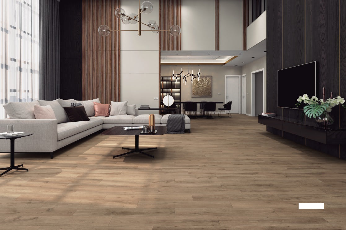 Lightwood Walnut 15x90 - Vitacer голям дневен интериор с дървесен гранитогрес, продажба в онлайн магазин KERANOVA