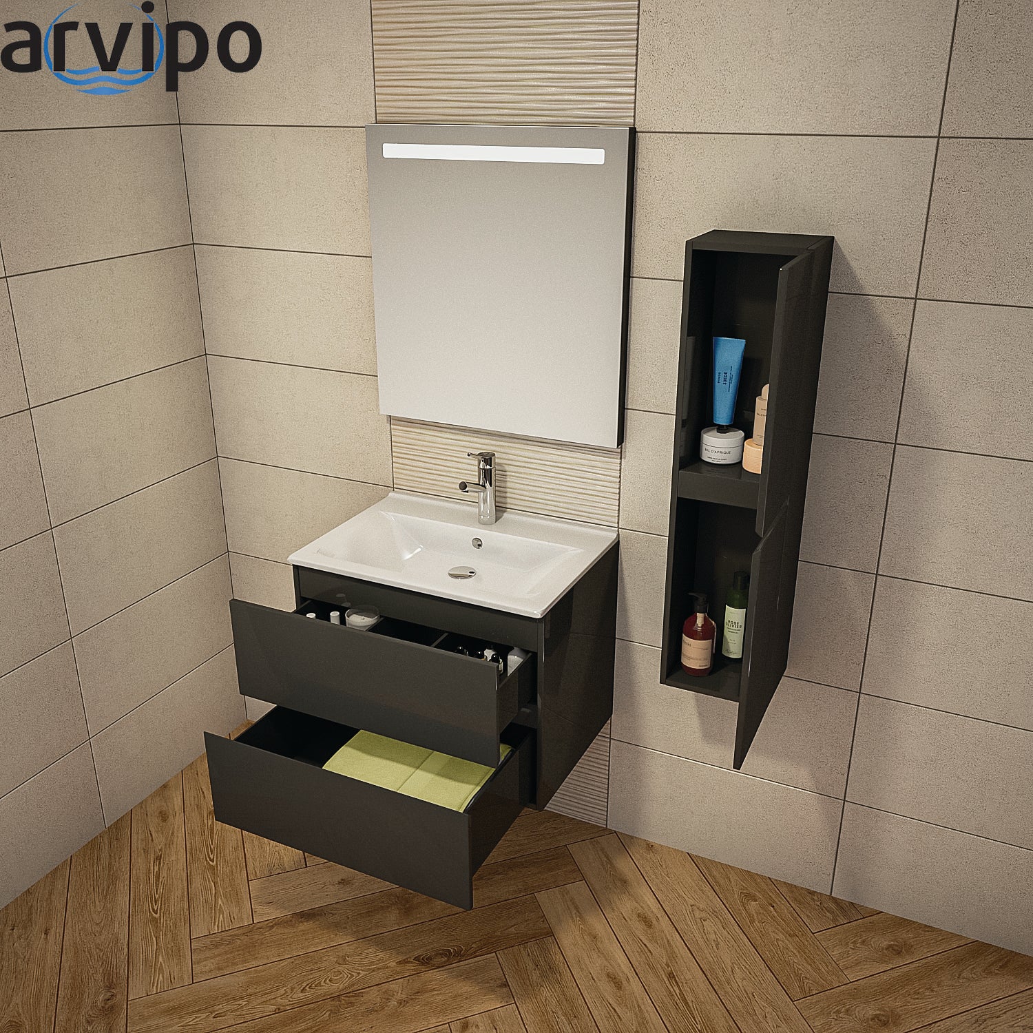 Серия Line 75 с чекмеджета - бял/RAL шкаф с мивка 75х45х50 см и две soft close чекмеджета, огледало с LED, стенен шкаф KERANOVA