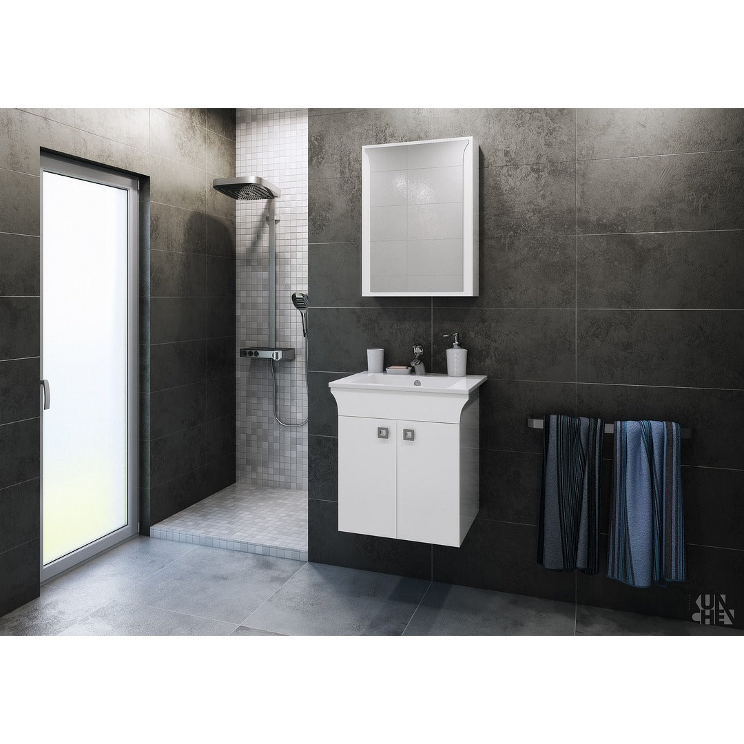 Мебел Линеа 55 см. бял гланцов комплект баня PVC 16 мм с огледален шкаф и долен окачен шкаф, порцеланова мивка - KERANOVA