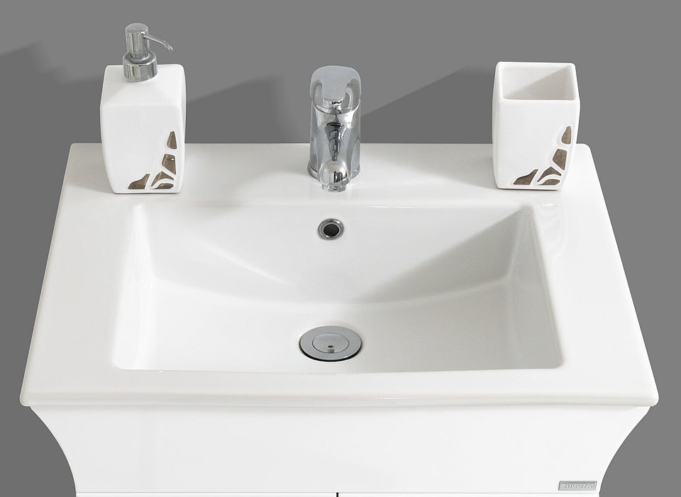 Мебел Линеа 55 см. бяло гланцово PVC шкафче за баня с порцеланова мивка и смесител (без смесител в цена) - KERANOVA