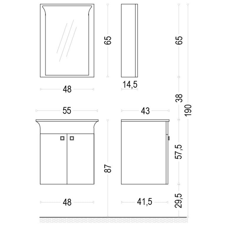 Мебел Линеа 55 см. бял гланцов PVC комплект за баня с огледален шкаф 48x14,5x65 и окачен долен шкаф 55x43x57,5 см - KERANOVA