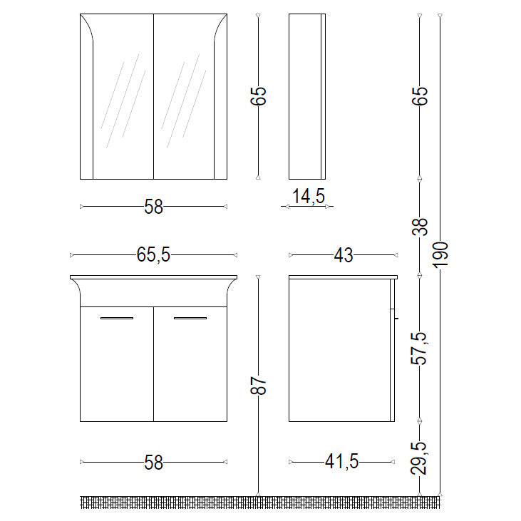 Мебел Линеа 65 см. бял гланцов комплект за баня от водоустойчив PVC с огледален горен шкаф и окачен долен шкаф - KERANOVA