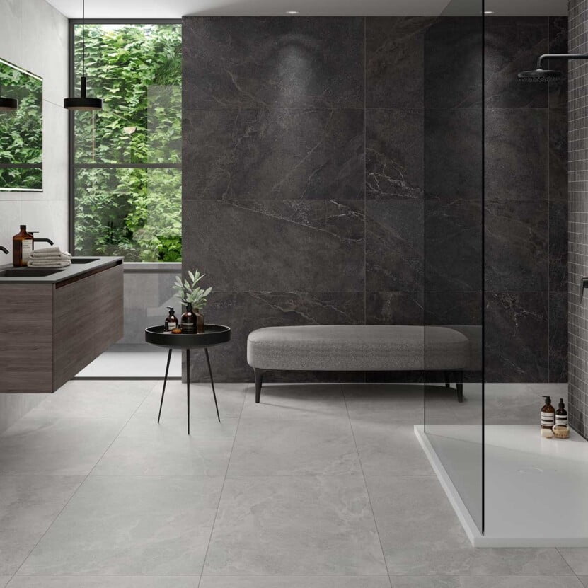Lithos 60х60, 60x120 и 100x100 см. - Keratile модерна баня с матиран гранитогрес в сиви и антрацитни плочи, онлайн магазин KERANOVA
