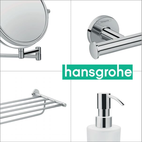 Аксесоари за баня Logis Universal HansGrohe - хромирани аксесоари комплект огледало, държач за тоалетна хартия, рафт и диспенсър KERANOVA
