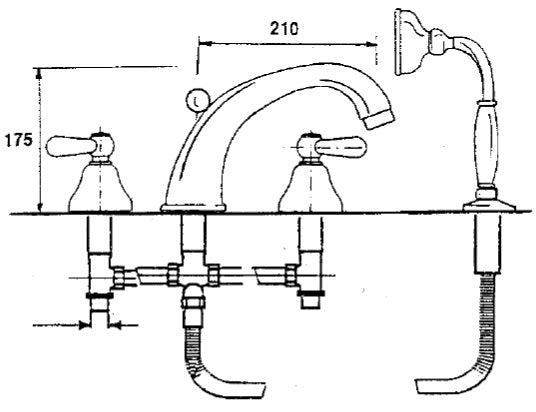 Ретро каскада за вана London - хром, сатен, бронз или злато, технически чертеж 4-дупков смесител за борд - KERANOVA