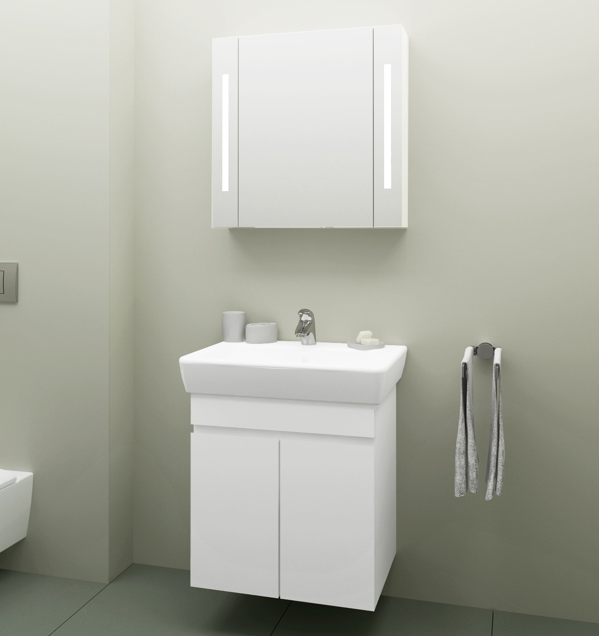 Мебел Лорена 60 см. бял гланцов комплект за баня PVC, горен шкаф с LED огледало и долен шкаф с порцеланова мивка - KERANOVA