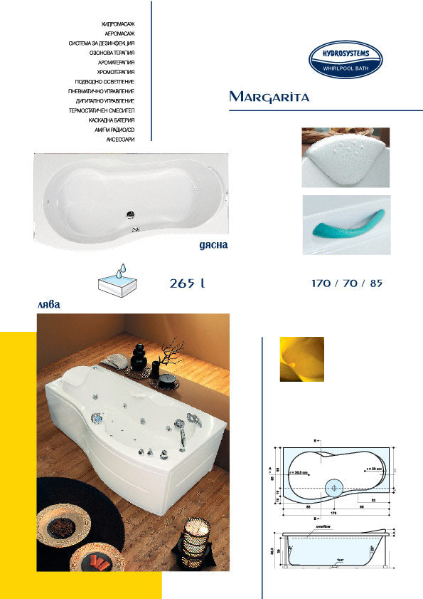 Margarita 170 x 70/85 см. акрилна вана с хидро и аеромасажни системи, преден и страничен панел - KERANOVA онлайн магазин
