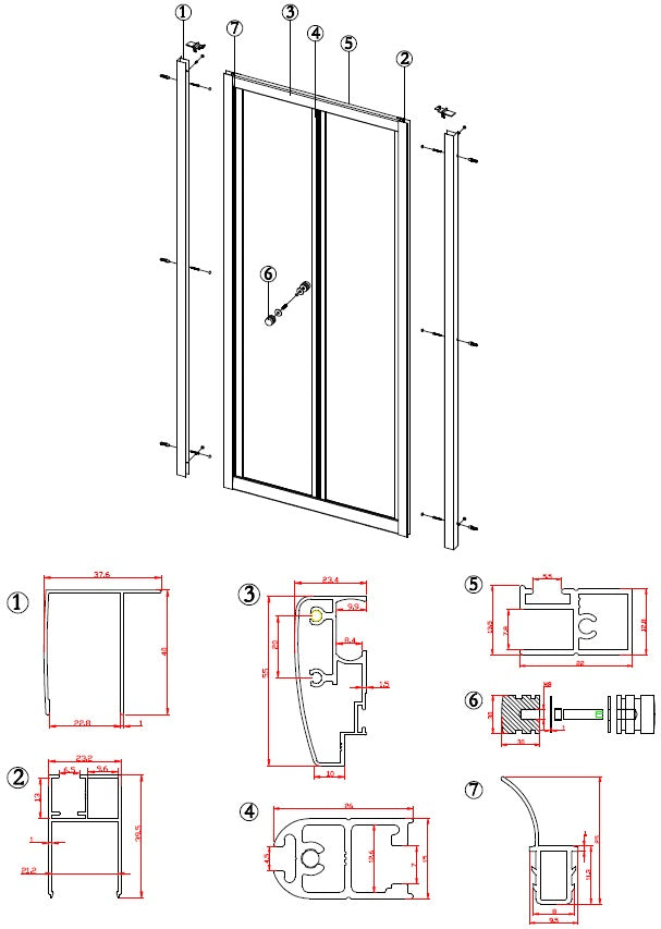 M 4S - 70х80 см. - сгъваема врата. технически чертеж на душ кабина с разглобяеми профили, размери и аксесоари за онлайн магазин KERANOVA