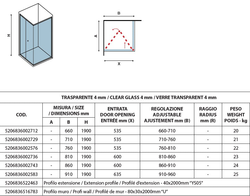 M4S - 91-96 СМ. Стъклен параван за баня с две сгъваеми врати, магнитен уплътнител, хромиран профил, 4 мм закалено стъкло — KERANOVA
