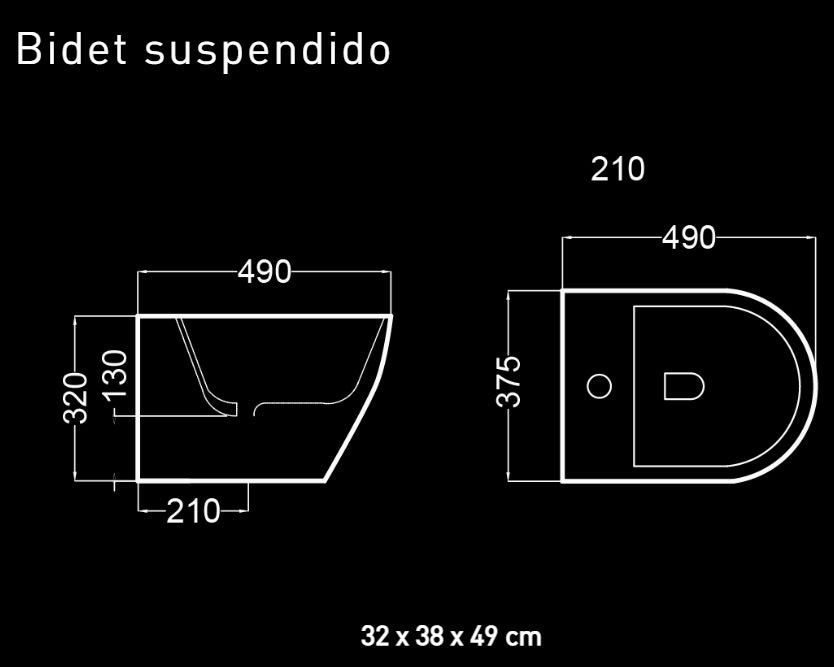 Биде за стенен монтаж Magenta 49 см. – технически чертеж с размери 32x38x49 см, стенен монтаж, Becrisa Magenta, онлайн магазин KERANOVA