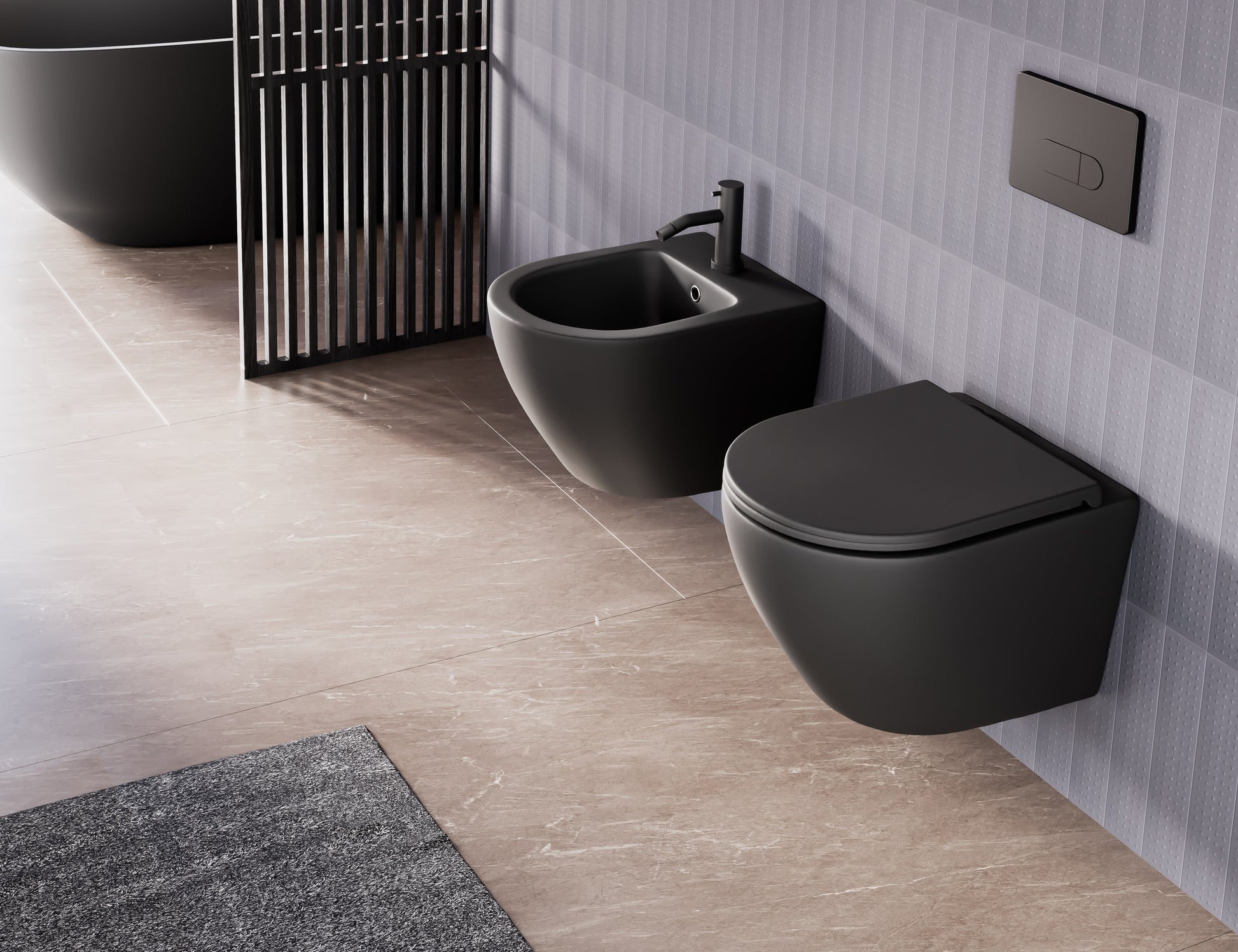 Kомплект Magenta Black Matt Rimless и GROHE Skate Cosmopolitan Black - черна мат конзолна тоалетна и бидe, онлайн магазин KERANOVA