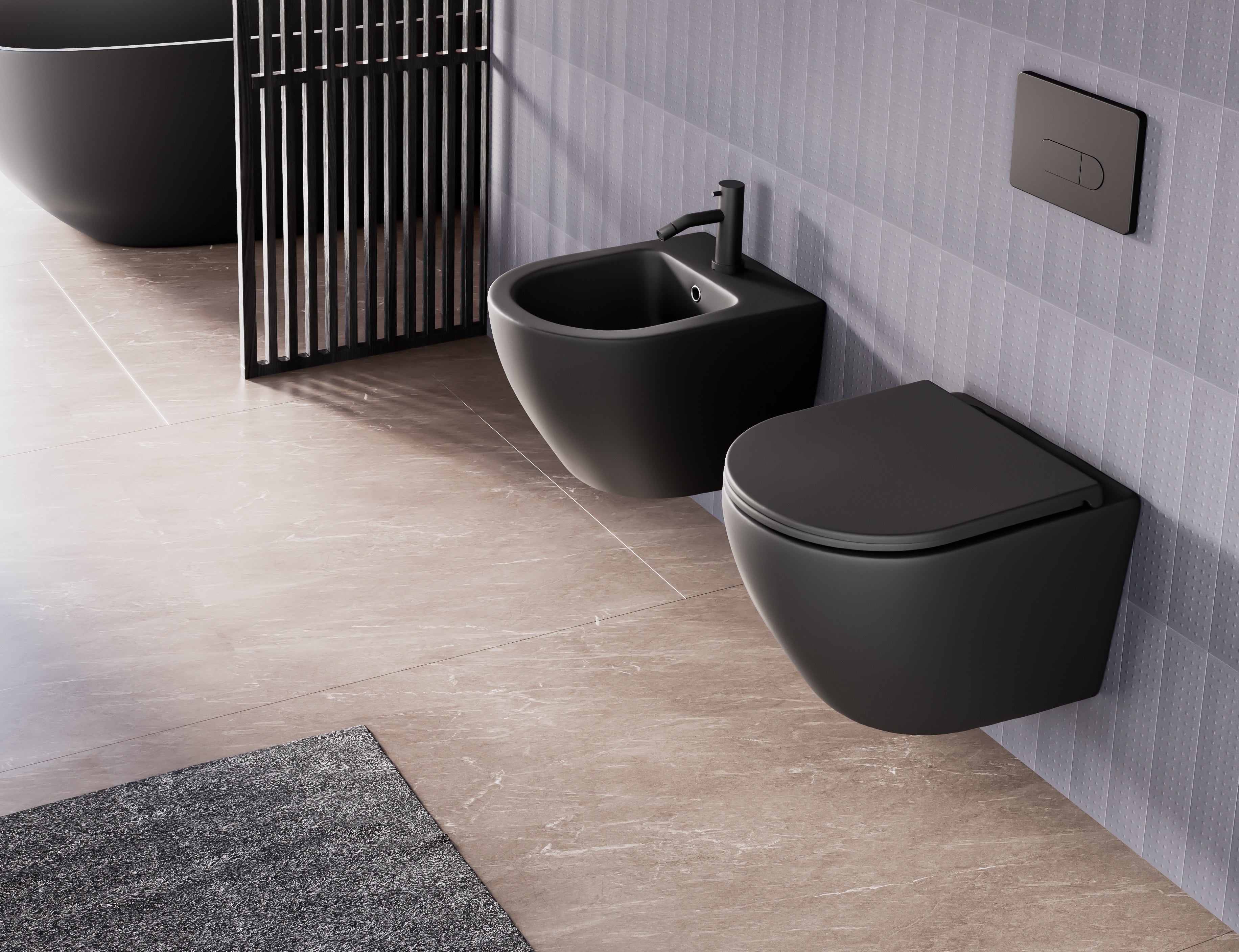 Kомплект Magenta Black Matt Rimless и GROHE Skate Cosmopolitan Black - черна мат конзолна тоалетна и бидe, онлайн магазин KERANOVA