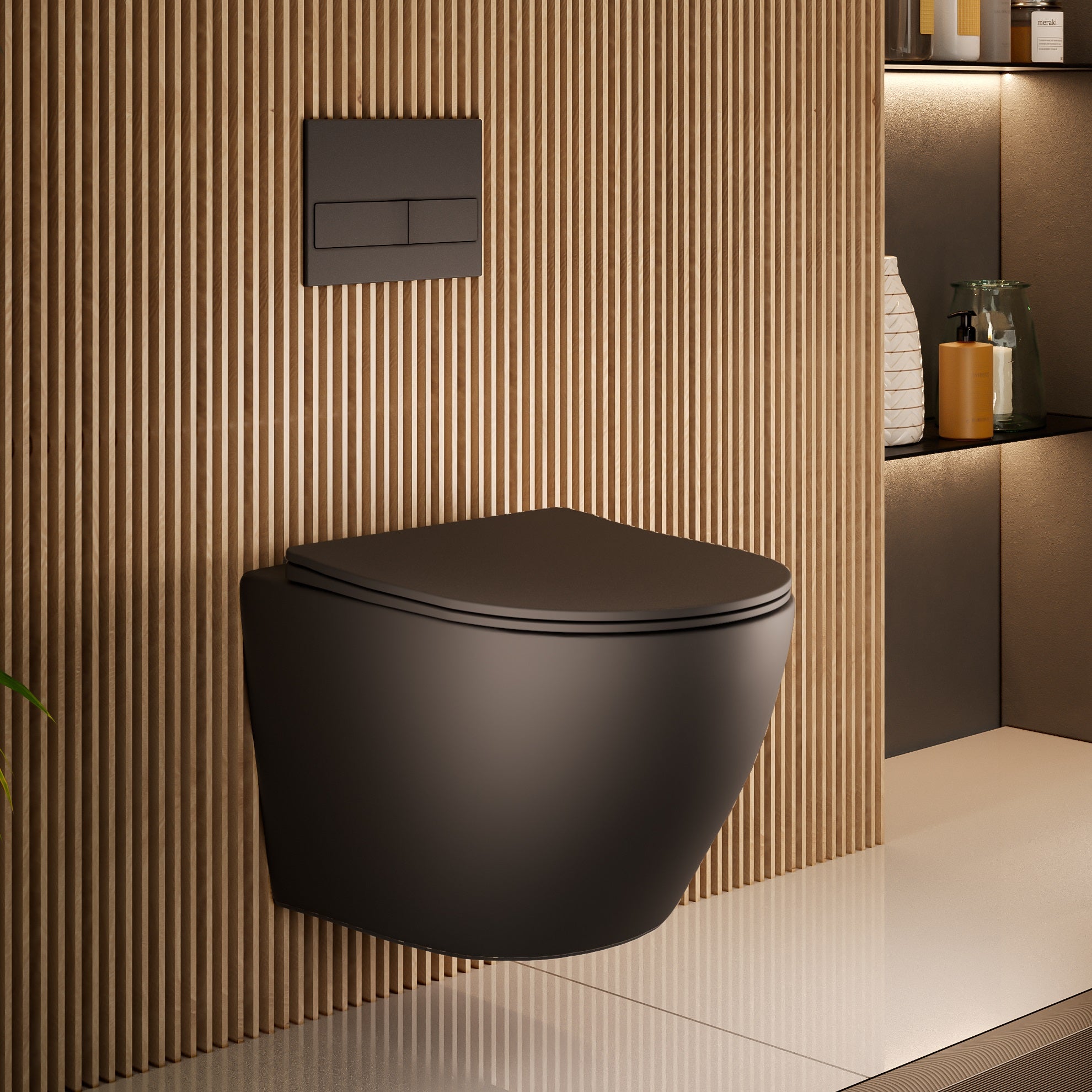 Конзолна тоалетна Magenta Black Matt Rimless 48,5 см. - Becrisa черна матова конзолна тоалетна с ултратънка седалка за онлайн магазин KERANOVA