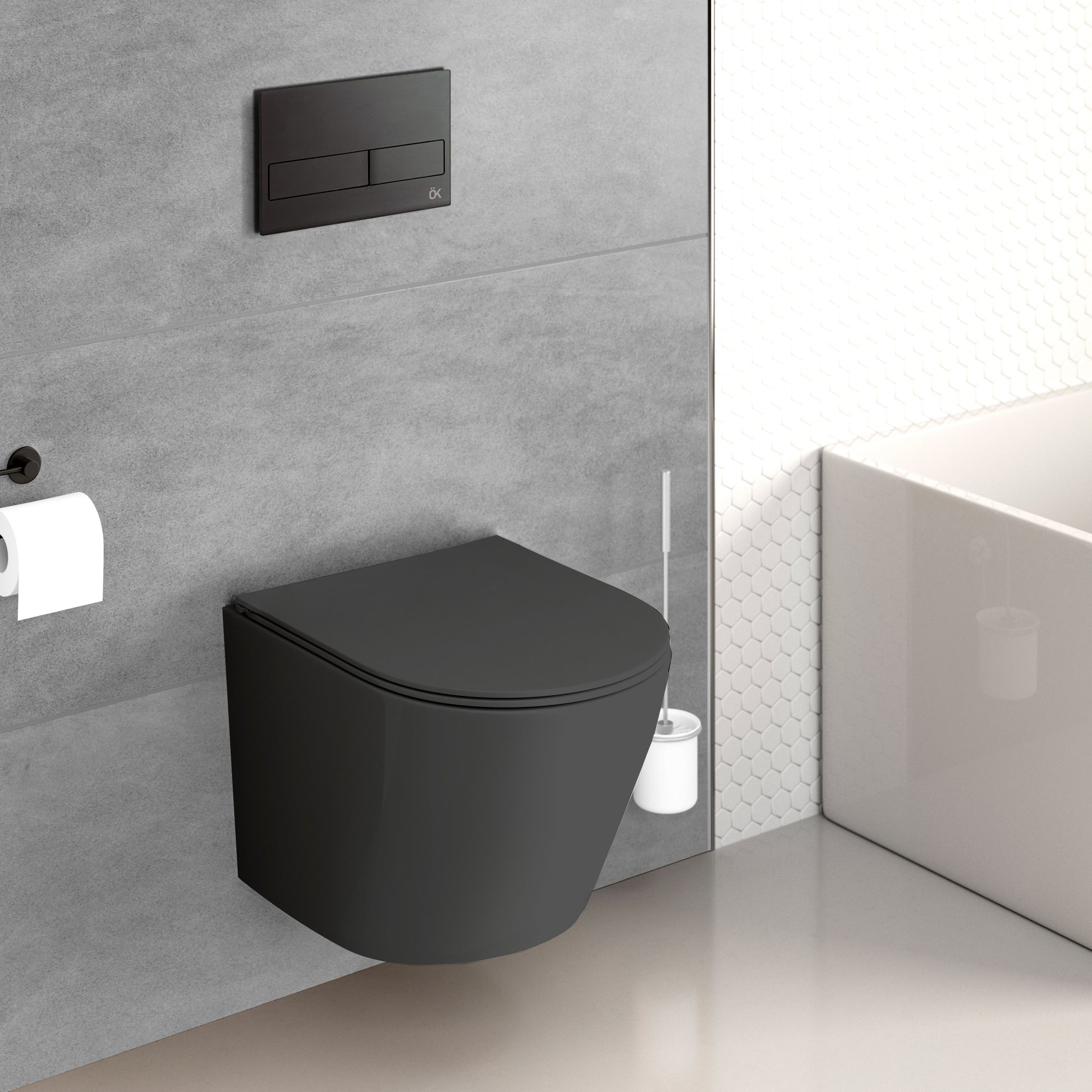 Конзолна тоалетна Magenta Black Matt Rimless 48,5 см. - Becrisa на стенен монтаж, черен мат, ултратънка седалка, без ръб, KERANOVA онлайн магазин