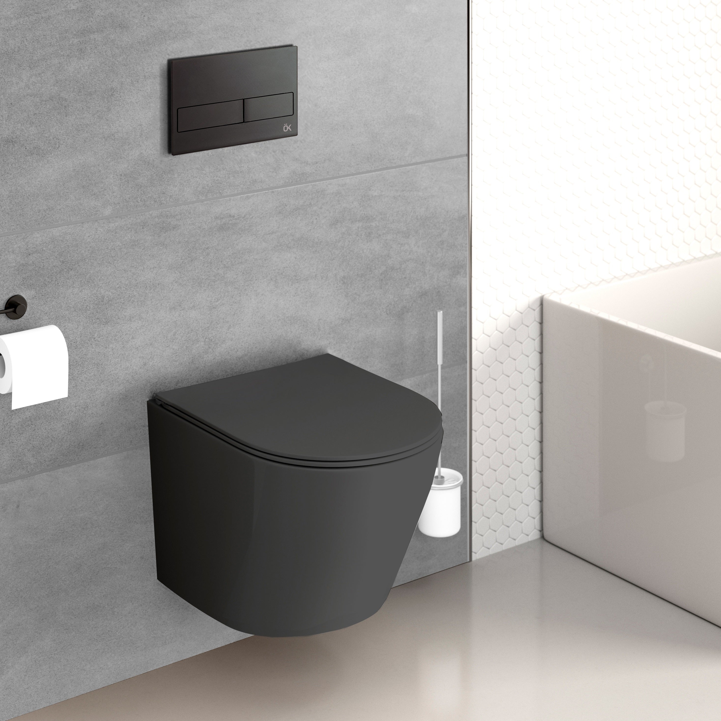 Конзолна тоалетна Magenta Black Matt Rimless 48,5 см. - Becrisa на стенен монтаж, черен мат, ултратънка седалка, без ръб, KERANOVA онлайн магазин