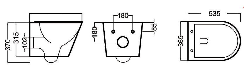 Конзолна тоалетна Magenta Plus Rimless 53,5 см. - Becrisa, схематичен технически чертеж с размери 535x365 мм за онлайн магазин KERANOVA