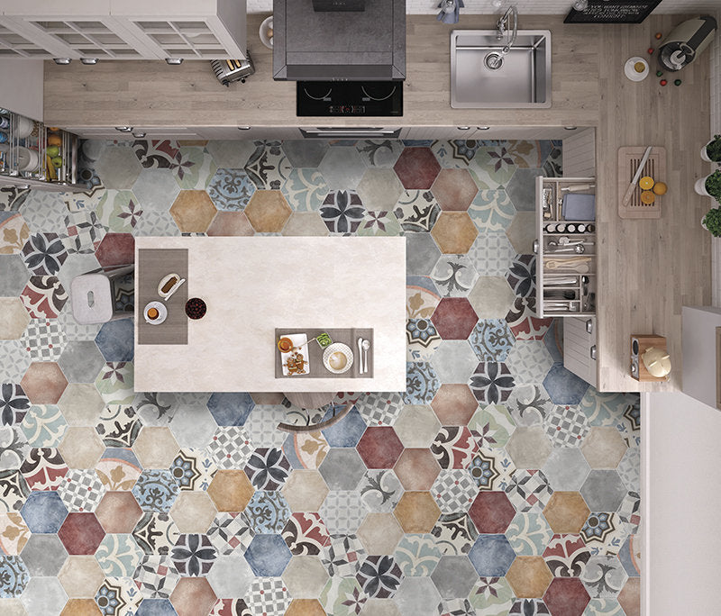 КОЛЕКЦИЯ HEXA MARRAKECH - ITT CERAMIC шестоъгълен гранитогрес с разноцветни декори 23х27 см за под и стена - онлайн магазин KERANOVA