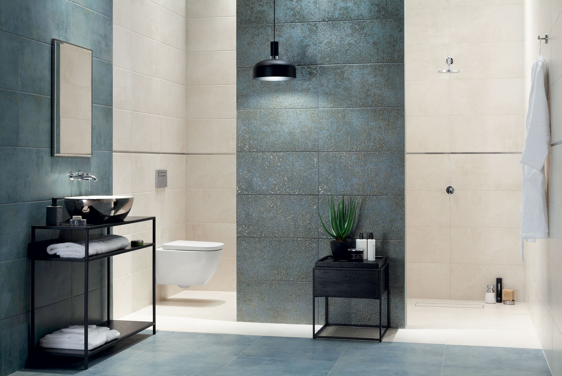 Баня Margot 30.8x60.8 - Ceramika Domino: модерна матирана баня с полски плочки, онлайн магазин KERANOVA, стилен синьо-бежов интериор