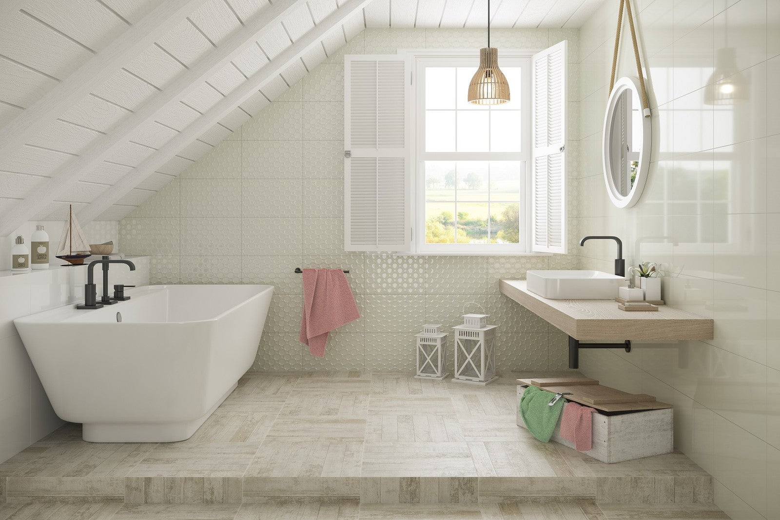 Баня Martinika 25x40 - светла модерна баня с вана, мивка и красива плочка в онлайн магазин за обзавеждане KERANOVA