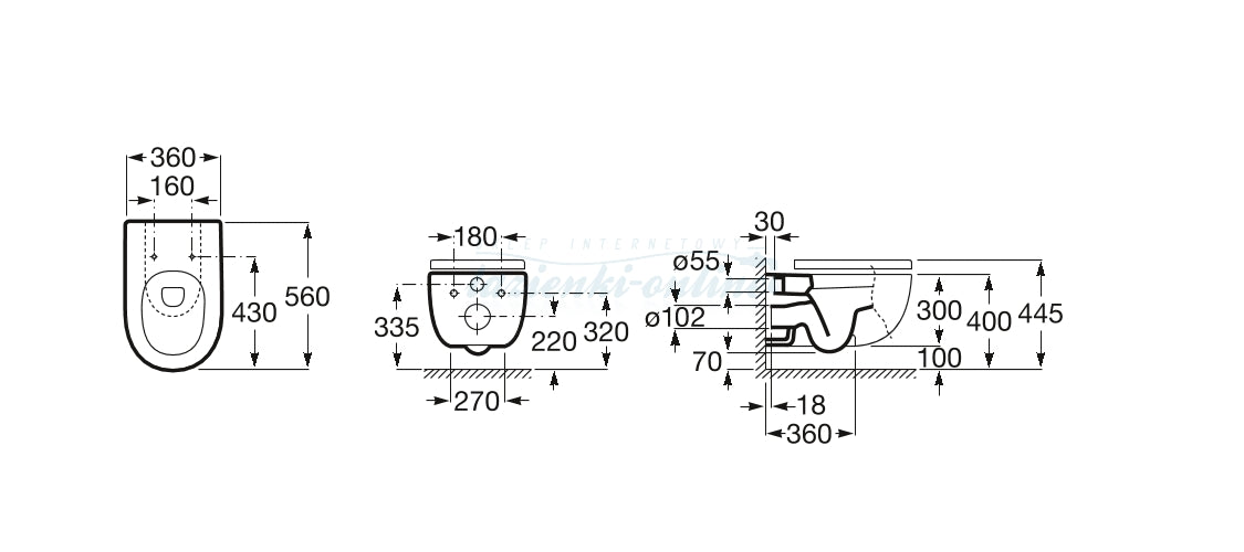 Комплект Duplo + Meridian Rimless - Roca технически чертеж с размери за вграждане, схема и монтажни отстояния за онлайн магазин KERANOVA