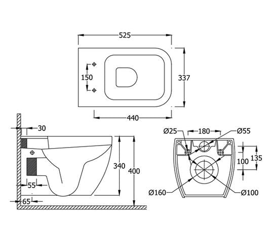 Стенна тоалетна Metropolitan - технически чертеж с размери за онлайн магазин за обзавеждане за бани KERANOVA