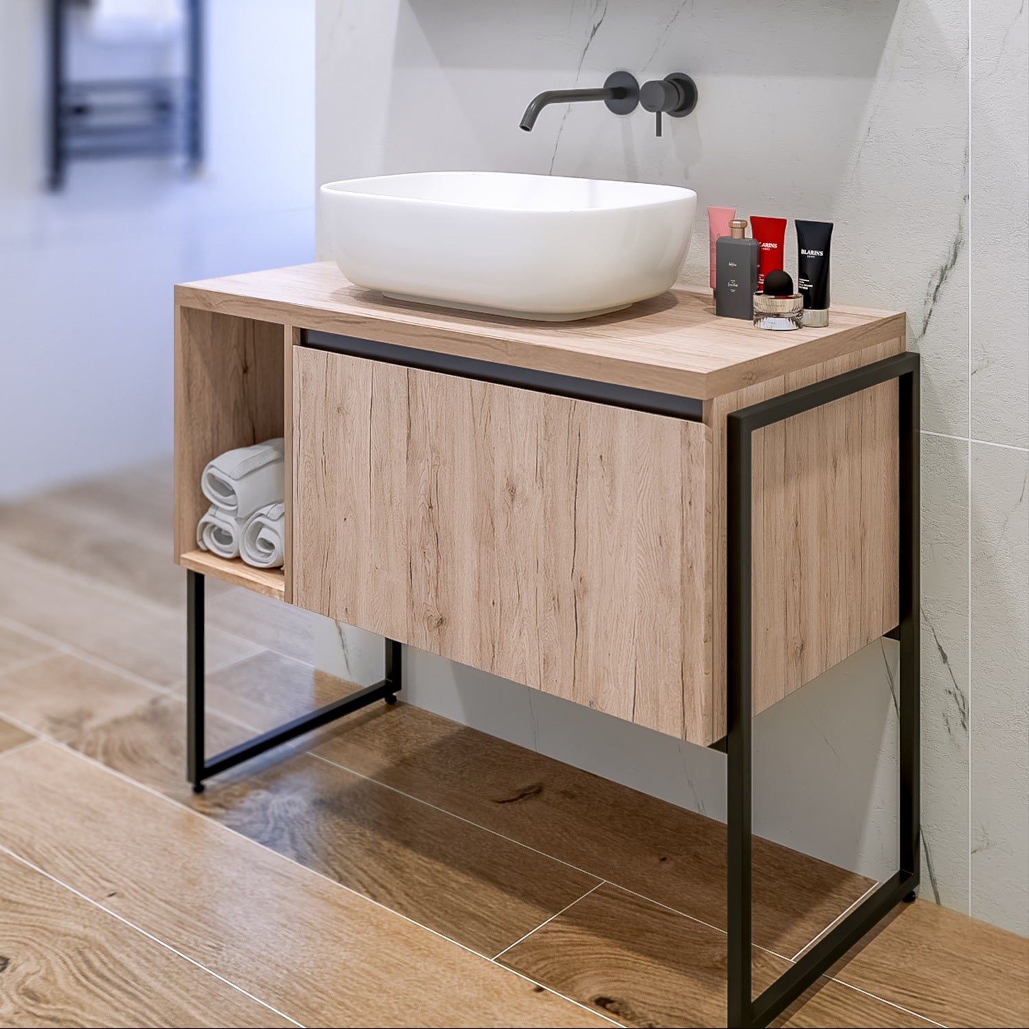 Серия Miami 94 см. долен шкаф с мивка, водоустойчива PVC основа и черни мат крака – онлайн магазин за обзавеждане за бани KERANOVA