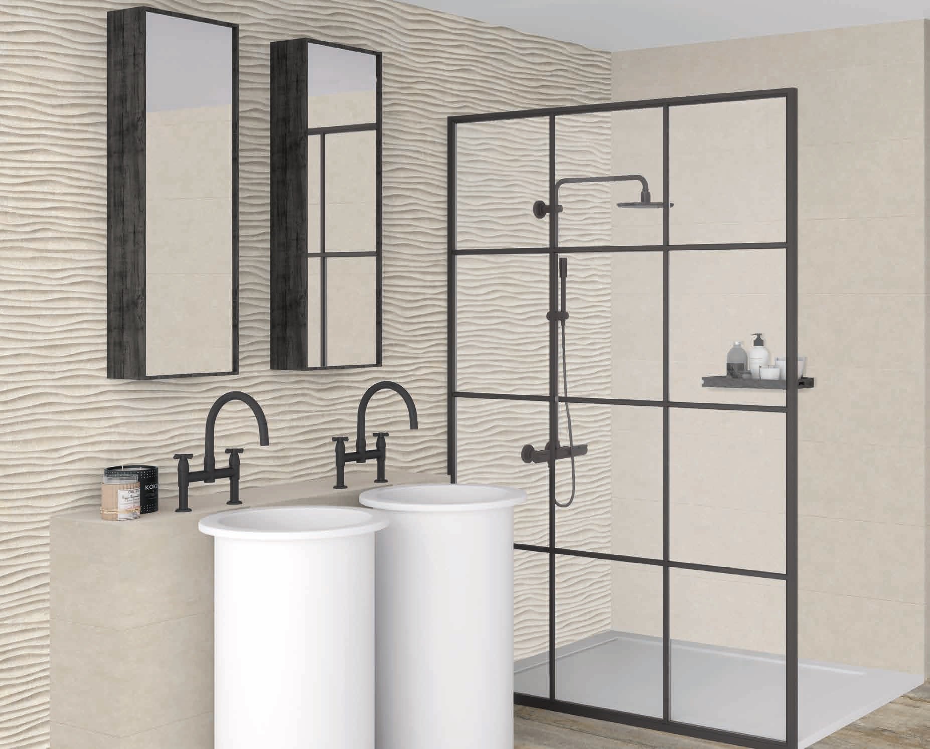 Плочки за баня Microcement 30x90 Emigres - модерен бански интериор с матирани релефни испански плочки в онлайн магазин за обзавеждане KERANOVA