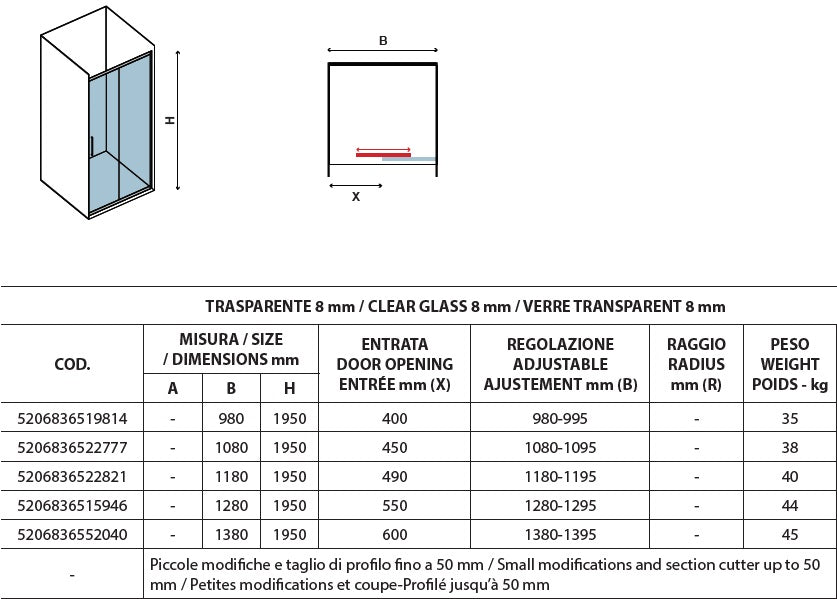 MINIMAL 400 - 138-139.5X195 СМ. Стъклен параван за баня с плъзгаща и статична част, 8 мм закалено стъкло, анти-калк, KERANOVA онлайн магазин