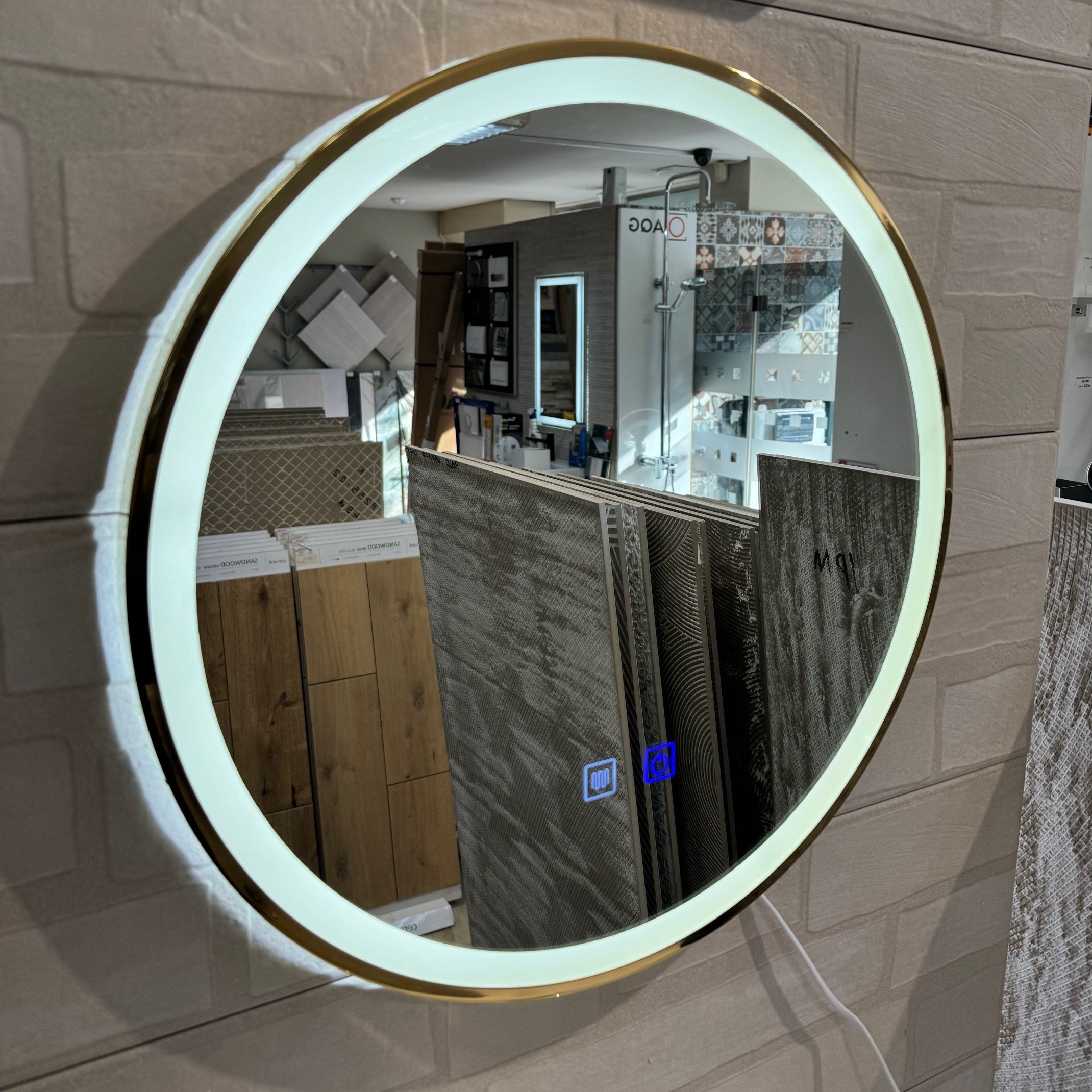 Огледало с осветление и подгрев MMJ Gold Ф80 см. кръгло златно огледало с LED, нагревател и touch за баня - KERANOVA