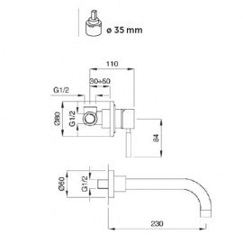 Вграден смесител за мивка Minimal 27 Black - Keller Taps, технически чертеж с размери и монтажни детайли, черен мат