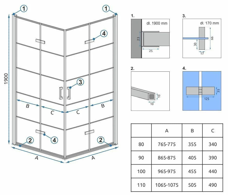 Rea Molier Black Double 90х90 см. - две сгъваеми врати диаграма монтажни размери и аксесоари за душ кабина KERANOVA