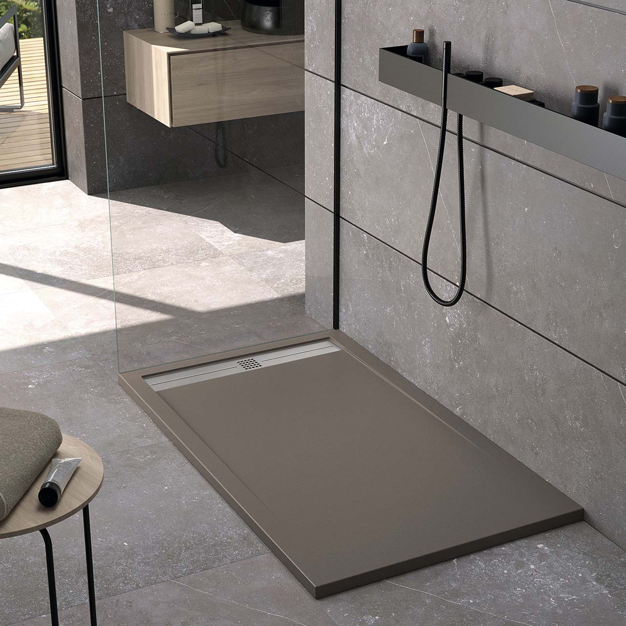 Композитно корито Monaco в тъмно кафяво, супер тънко поддушово корито за баня от KERANOVA, включен сифон, модерен минималистичен дизайн