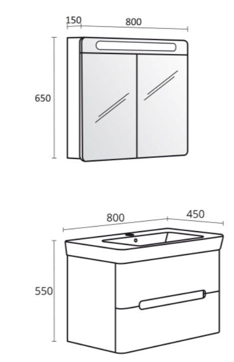 Серия Monaco 80 см. огледален шкаф с LED и мивка Roca 80x45 см за баня - онлайн магазин KERANOVA